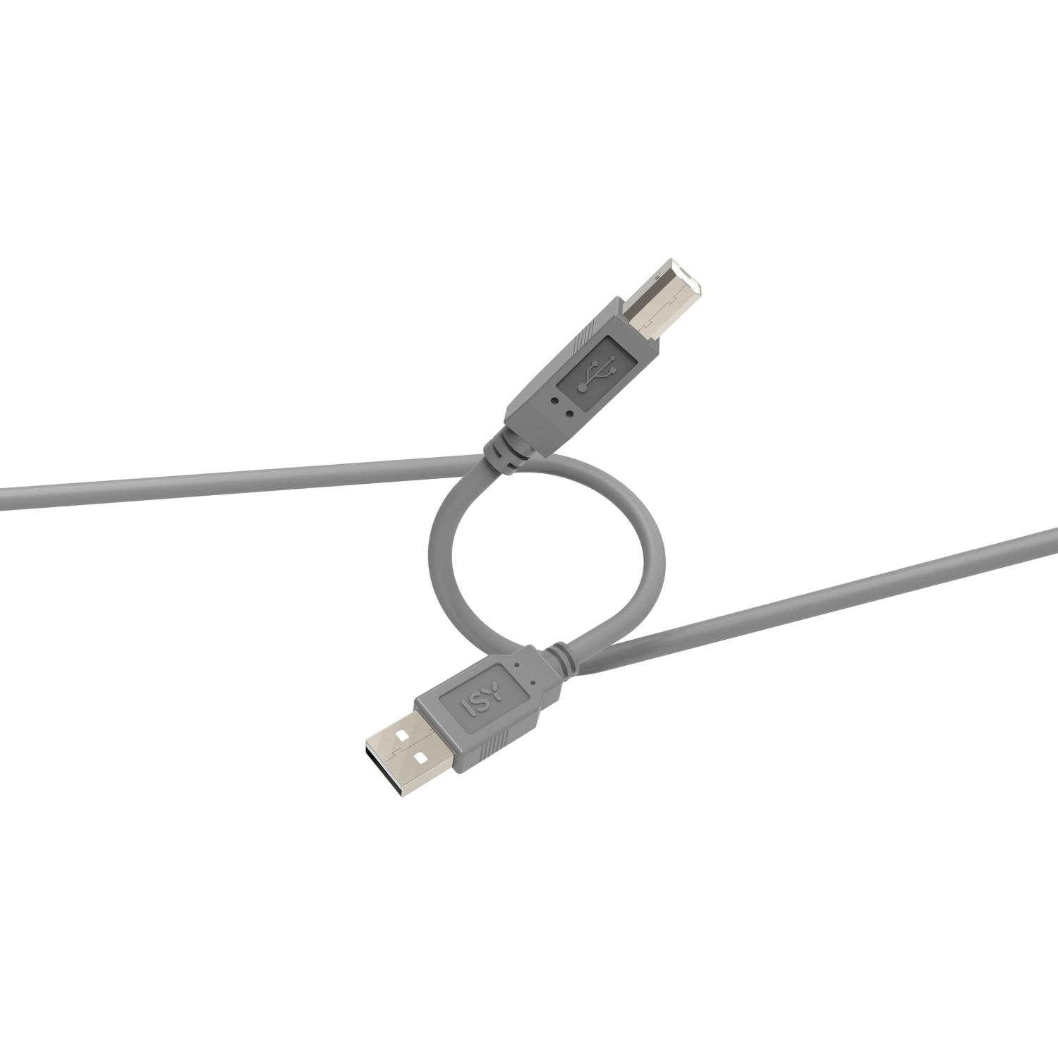 Een grijze USB-kabel met twee connectoren, één met het ISY-logo, ligt tegen een zwarte achtergrond en vormt een lus.