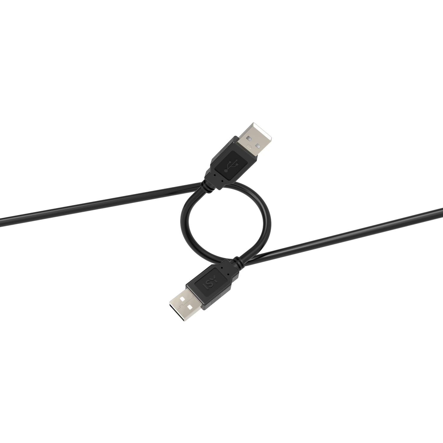 Deux câbles USB noirs sur fond noir. Les câbles sont entrelacés, avec des connecteurs USB-A visibles.