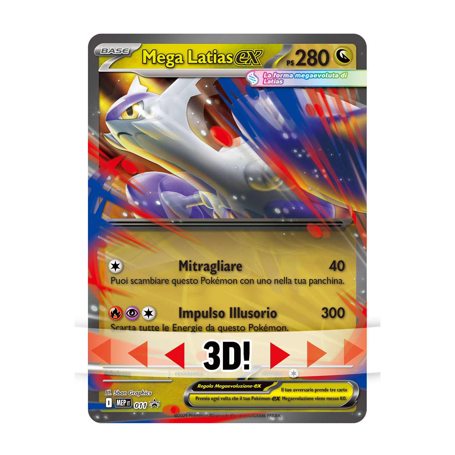 Una carta Pokémon con Mega Latias EX. Ha un personaggio bianco e viola con testo giallo e sfondo colorato.