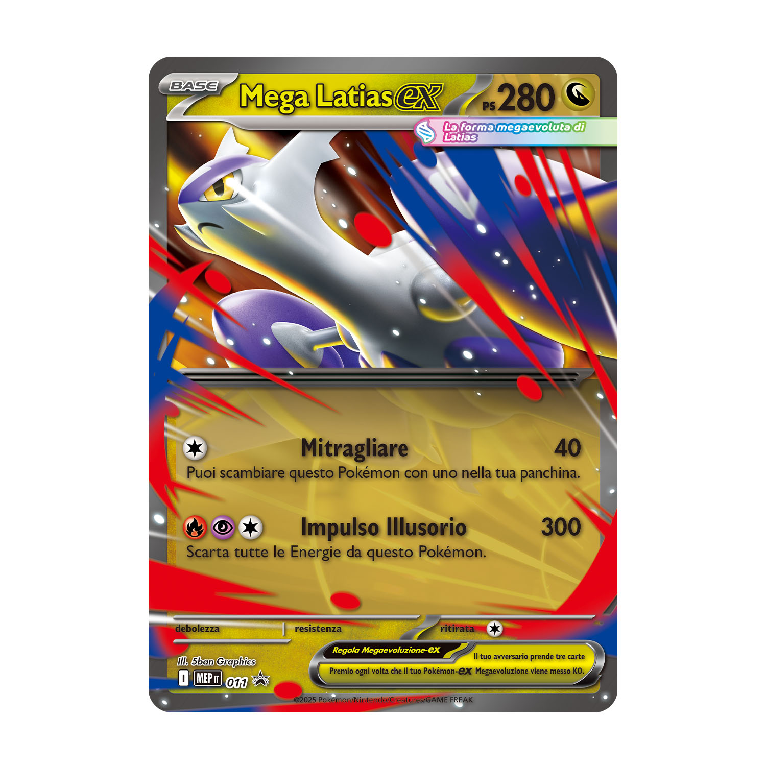 Una carta Pokémon Mega Latias EX. Presenta una creatura simile a un drago bianco e viola con una descrizione di attacco potente.