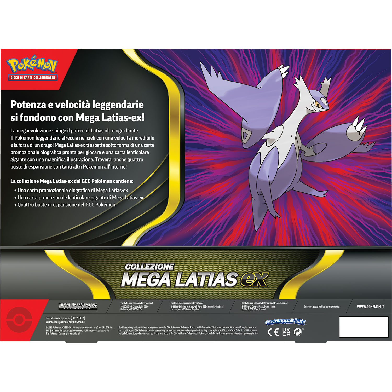 Un set di carte Pokémon. Viene mostrata una carta Mega Latias-ex. Lo sfondo ha colori viola e rossi.