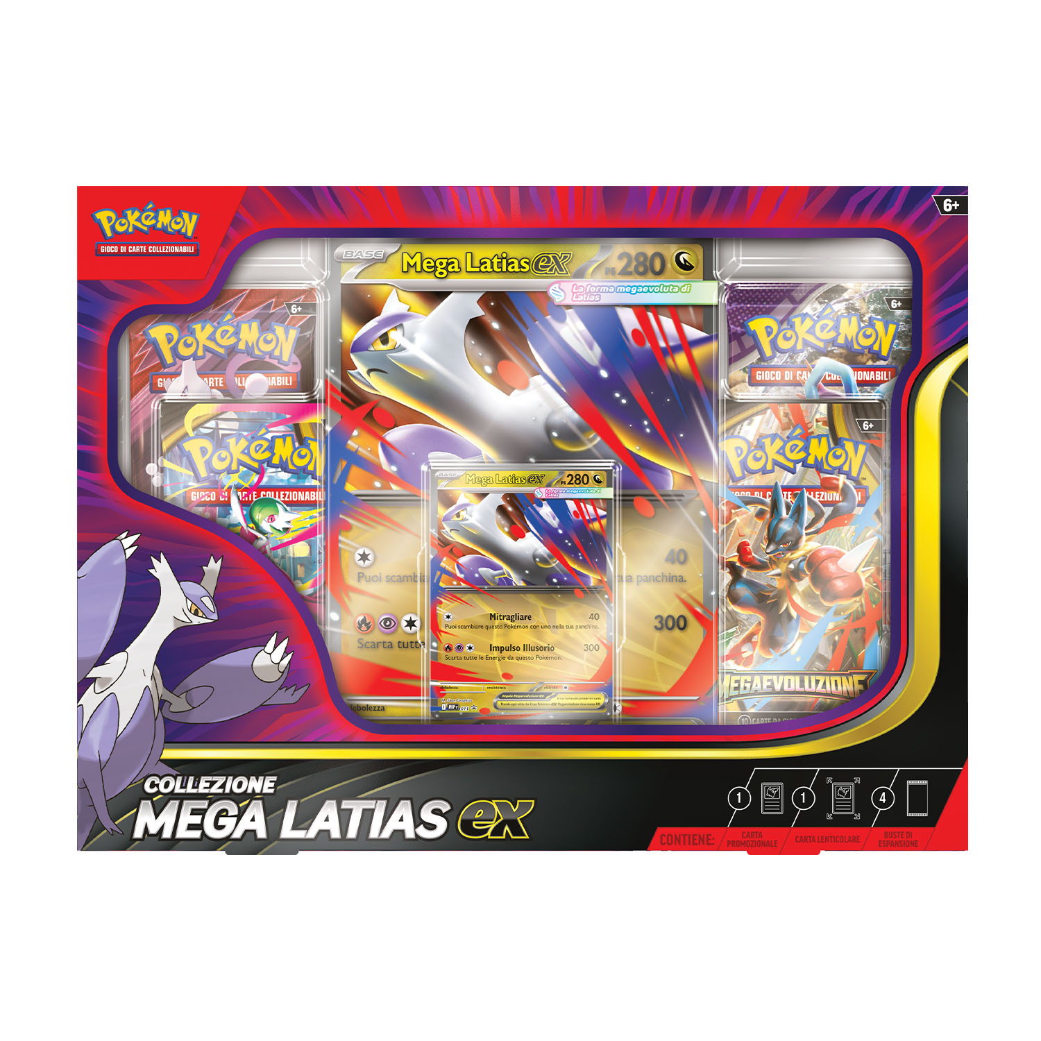 Una scatola da collezione Pokemon Mega Latias EX. Contiene carte e buste. La scatola è rossa e viola.
