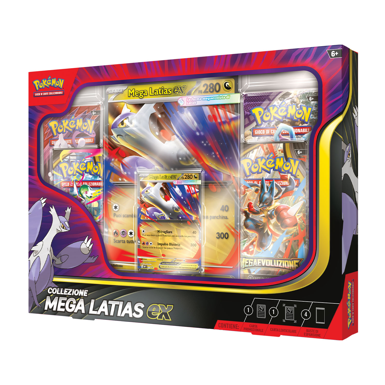 Una scatola da collezione Pokémon Mega Latias EX. Include carte e buste, con l'immagine di un drago viola.