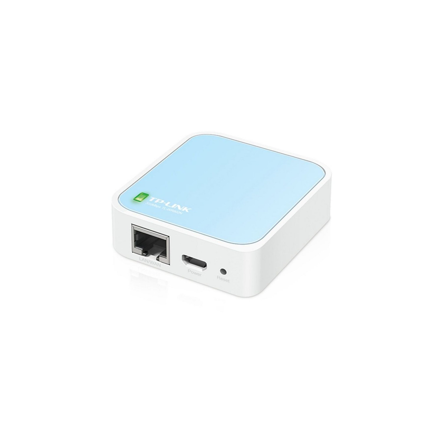 A small white and light blue TP-Link router. It has a LAN/WAN port, power input, and a reset button. The logo is on the top.