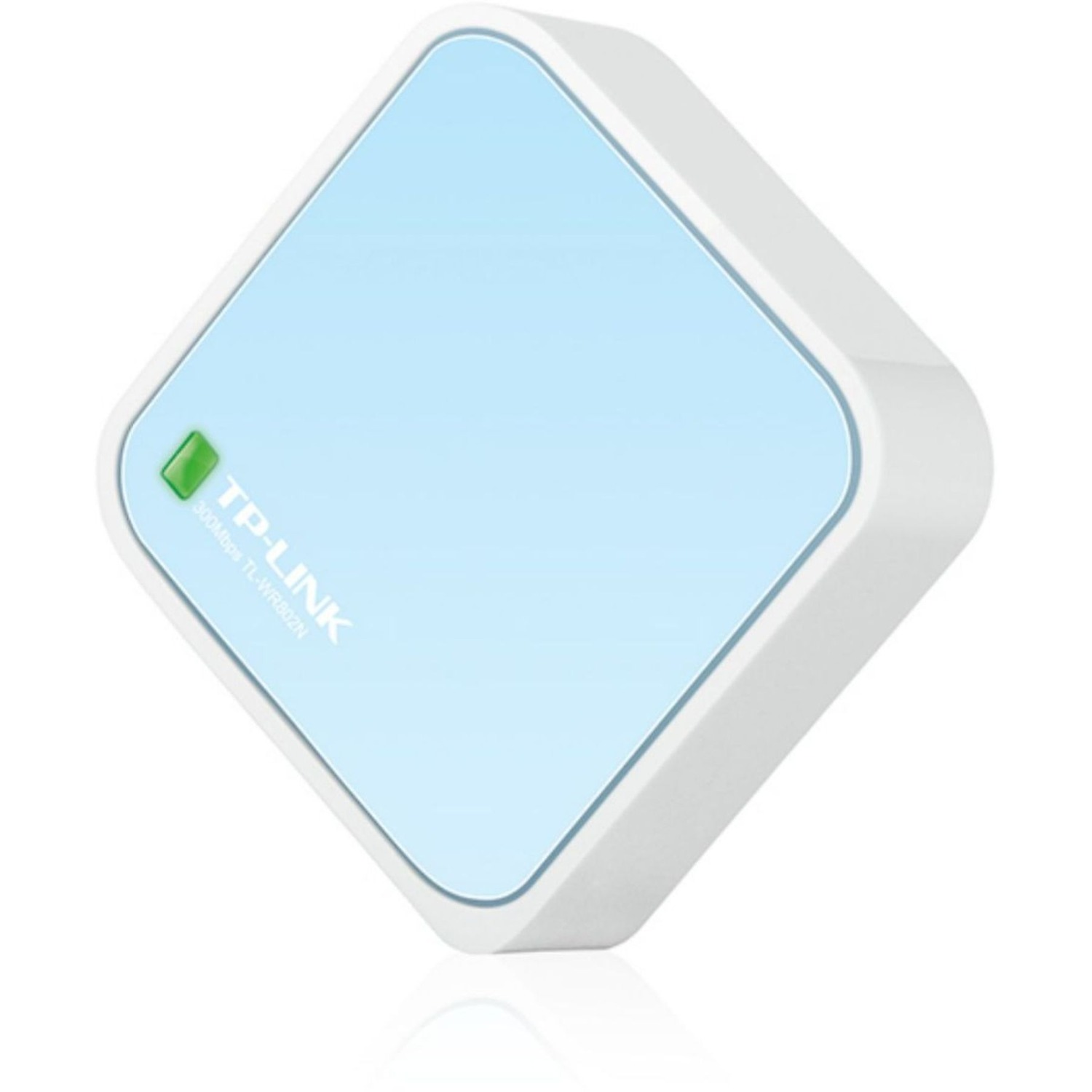 A white and light blue TP-Link router, shaped like a diamond. It has a green power indicator and the TP-Link logo on the top.