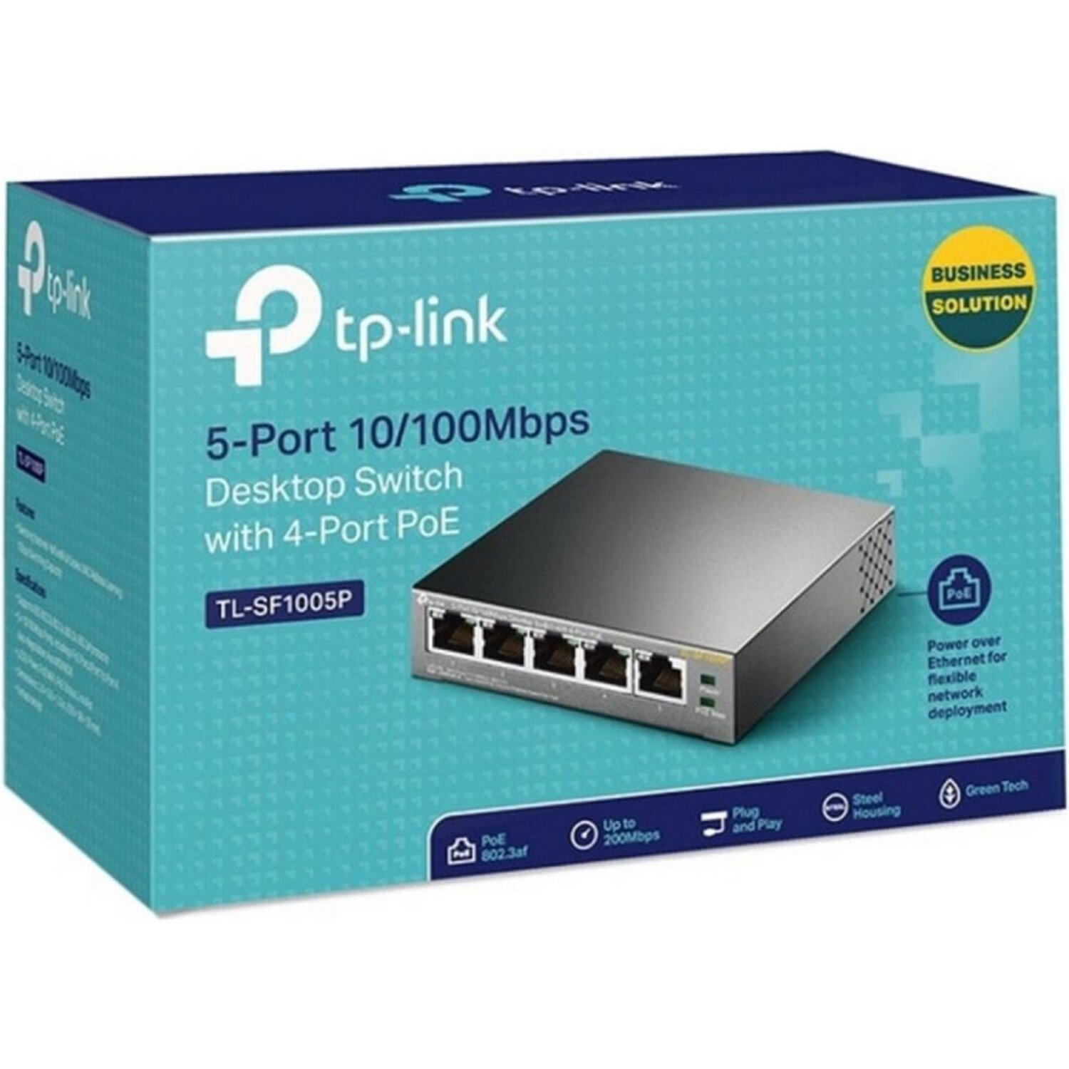 Une boîte de commutateur tp-link à 5 ports. La boîte est bleue et affiche le nom et les caractéristiques du produit. Un commutateur argenté est sur la boîte.