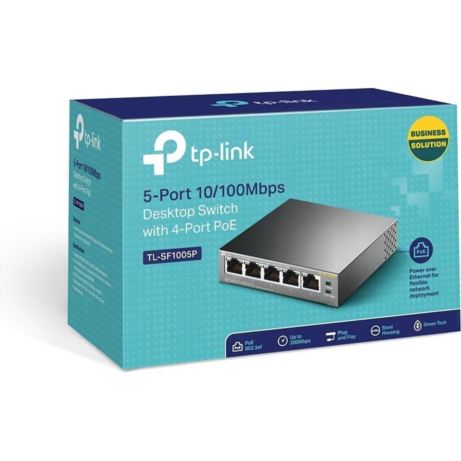 Une boîte de commutateur de bureau TP-Link à 5 ports. Elle contient un commutateur. La boîte est bleu sarcelle et blanche avec le logo tp-link.