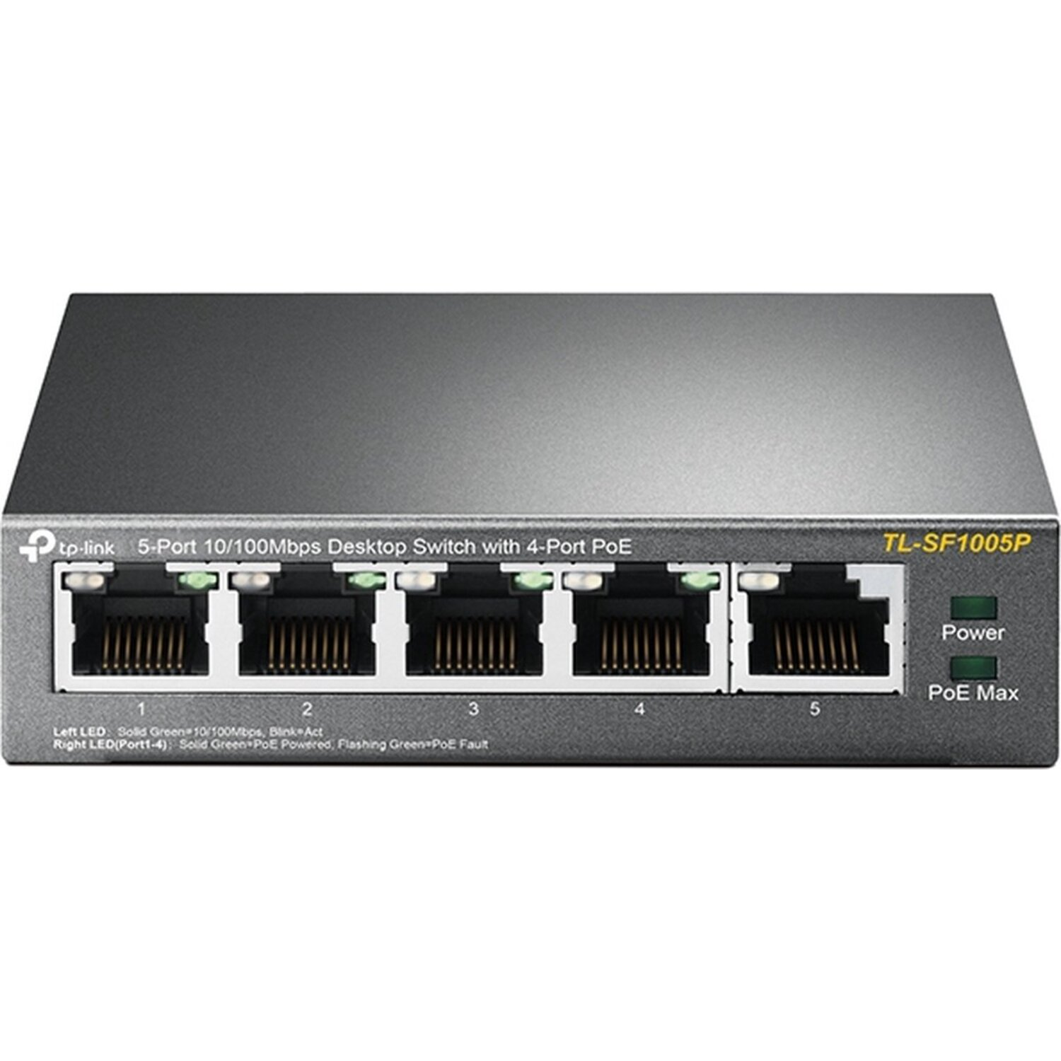 Un switch de bureau TP-Link à 5 ports avec PoE. Il dispose de cinq ports, d'un indicateur d'alimentation et d'un indicateur PoE max. Les ports sont numérotés de 1 à 5.