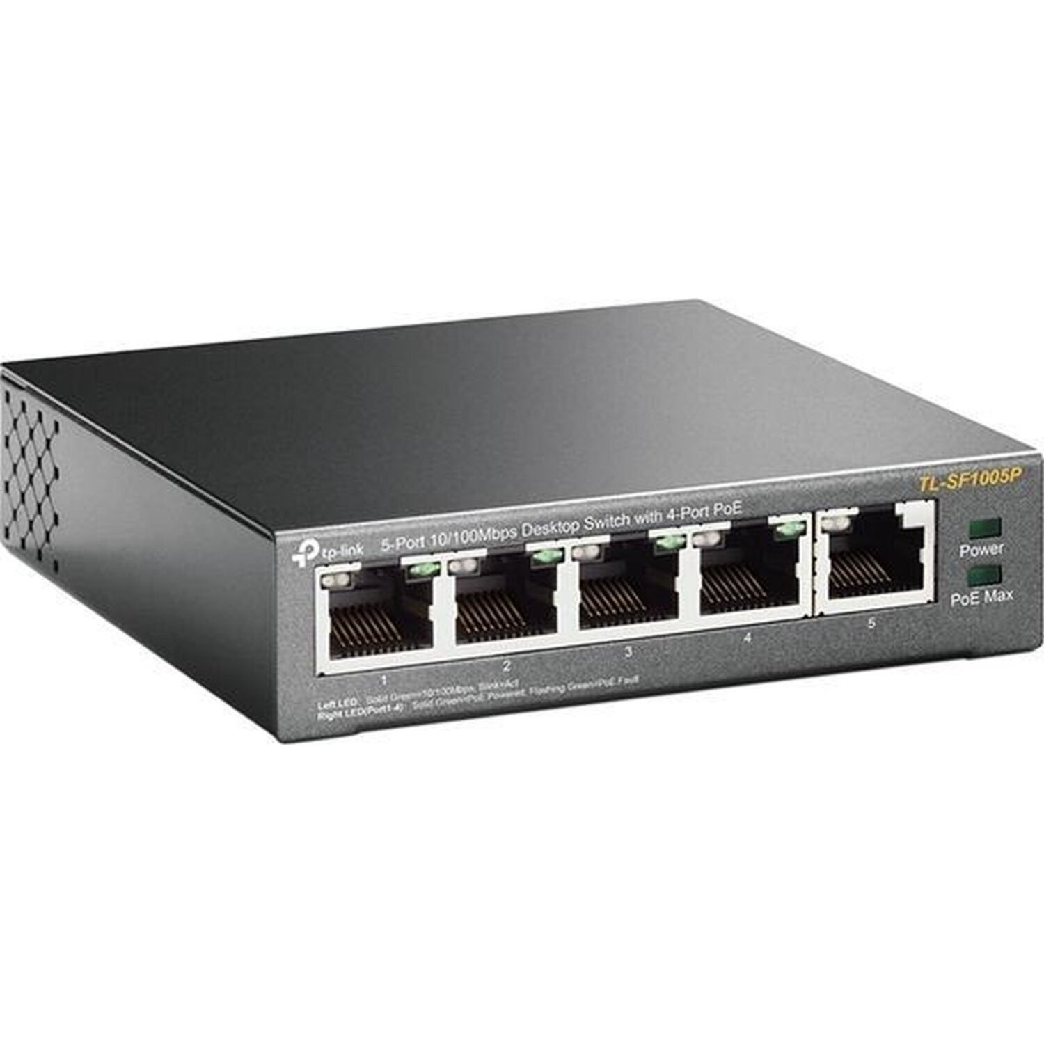 Un switch réseau gris TP-Link avec cinq ports, dont quatre PoE, et des voyants. Les étiquettes incluent "Power" et "PoE Max".