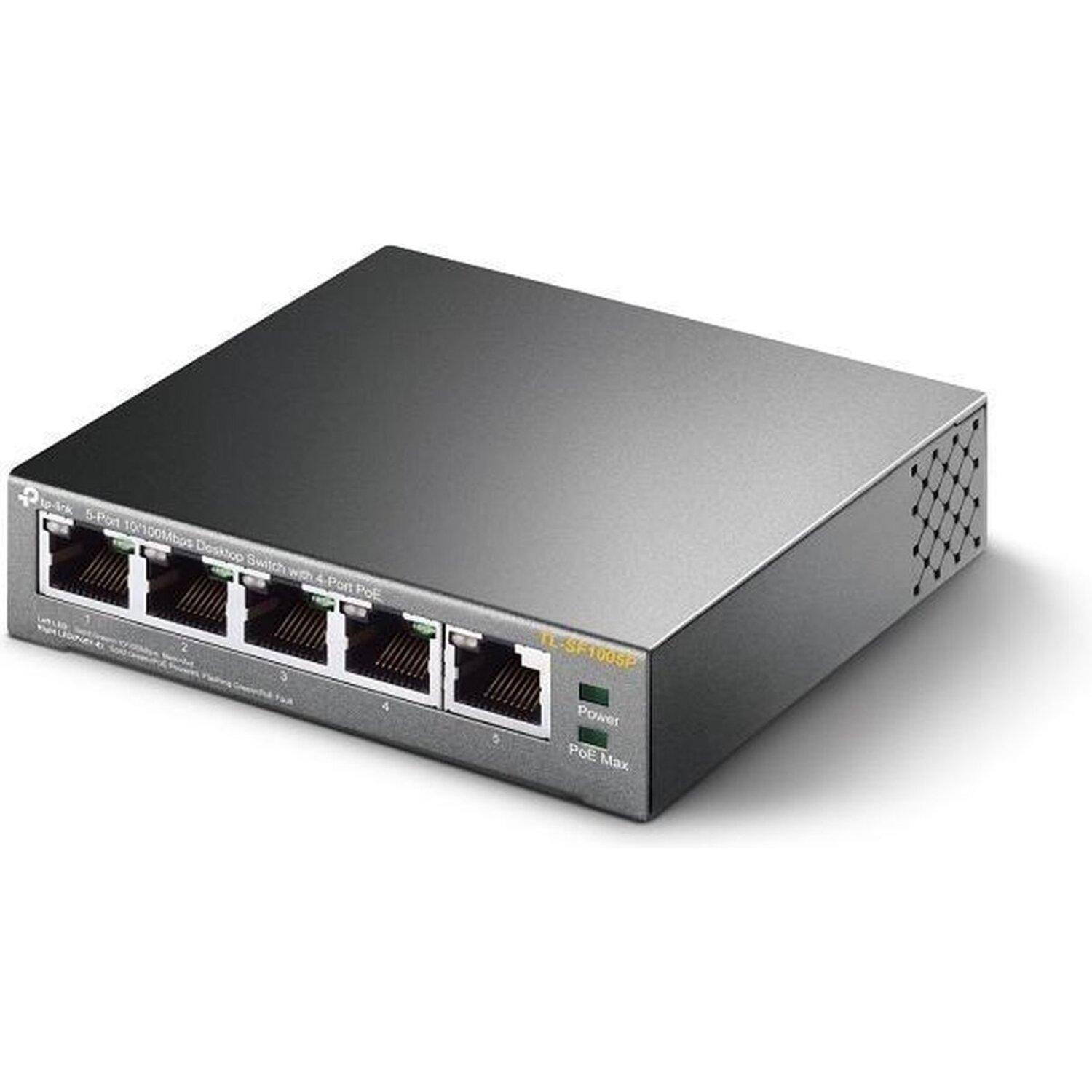 Un commutateur de bureau TP-Link 5 ports gris. Il possède cinq ports Ethernet, des indicateurs d'alimentation et PoE max, et un côté en mesh.