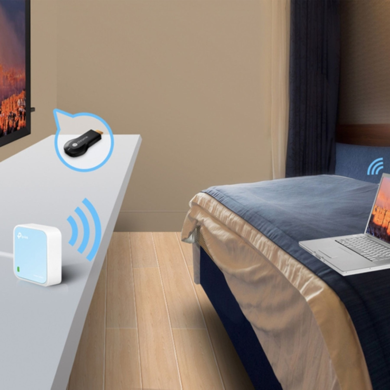 A room with a TV, router, Chromecast, and laptop. Wireless connection symbols are visible. A bed with blue bedding is on the right.