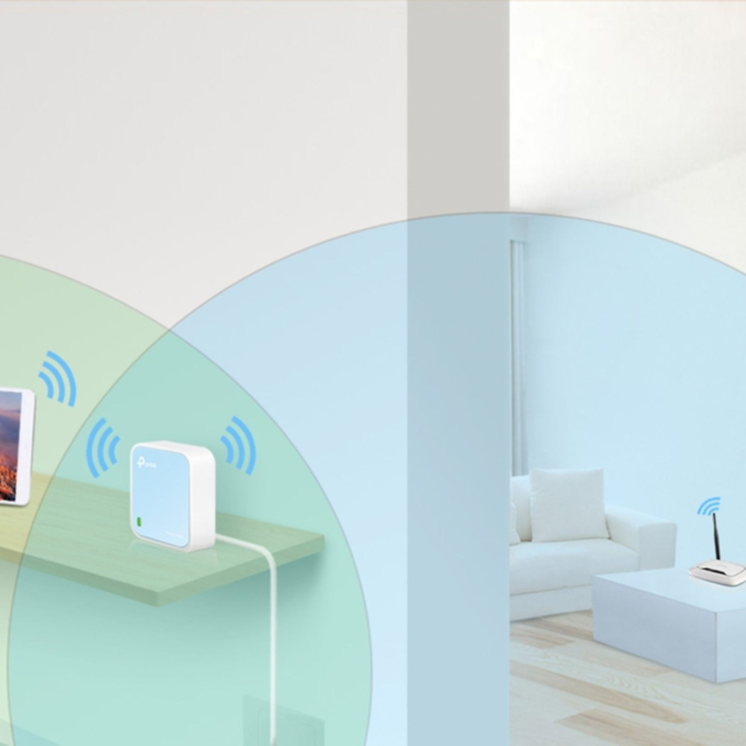 A white and blue router on a shelf, a tablet, and a router on a table in a living room. Wifi signal icons are displayed.