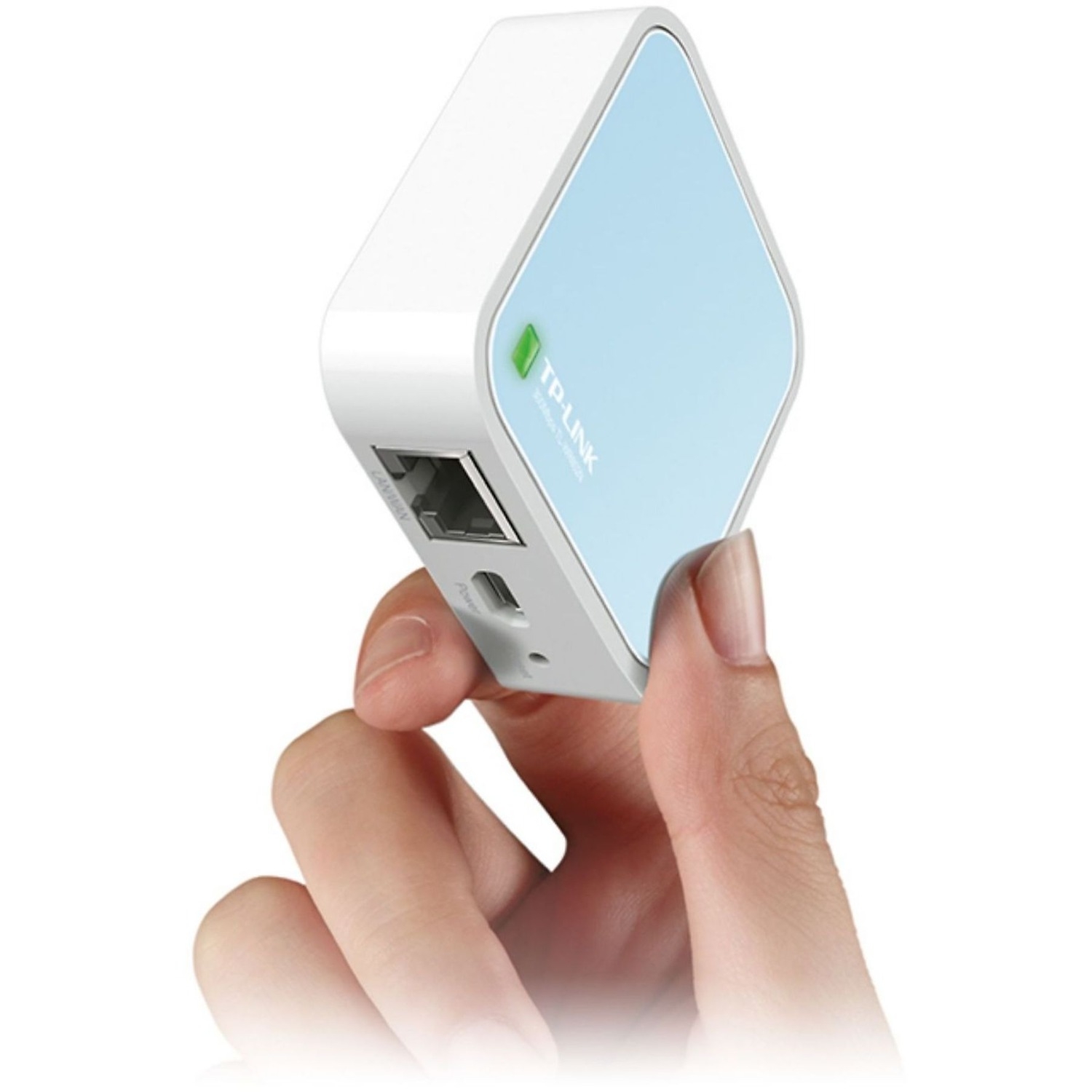 A white and light blue TP-Link router held by a hand. The router is diamond-shaped and has a green LED. The background is white.