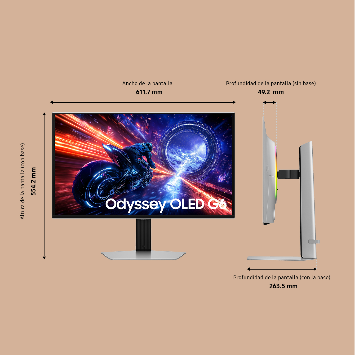 Un monitor muestra una imagen de motocicleta. Dimensiones: 611,7 mm de ancho, 554,2 mm de alto, 49,2 mm de profundidad (sin base), 263,5 mm de profundidad (con base).
