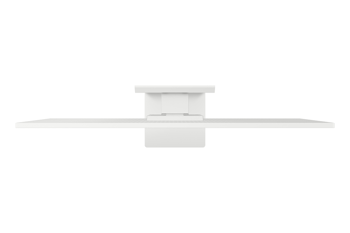Vista cenital de un escritorio blanco y minimalista con soporte central y estante rectangular.