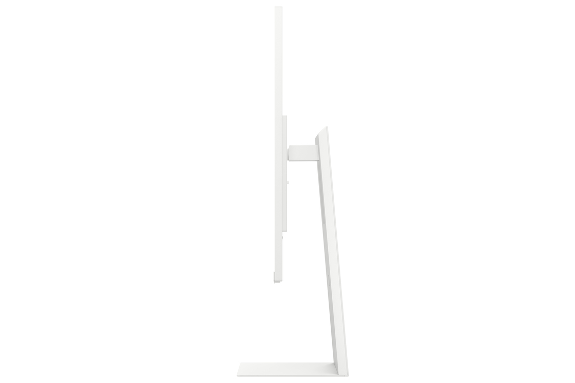 Un monitor de computadora blanco, visto de lado, está sobre un soporte blanco. El fondo es blanco liso.