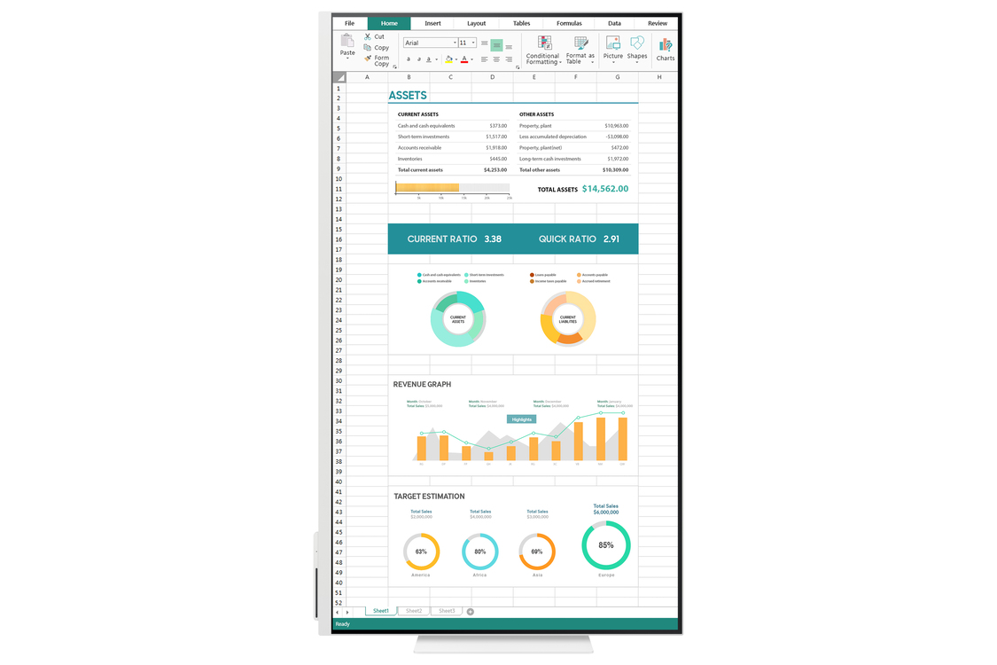Una pantalla de computadora muestra una hoja de cálculo de Excel con datos financieros, incluidos activos, ratios, gráficos y estimaciones de objetivos.