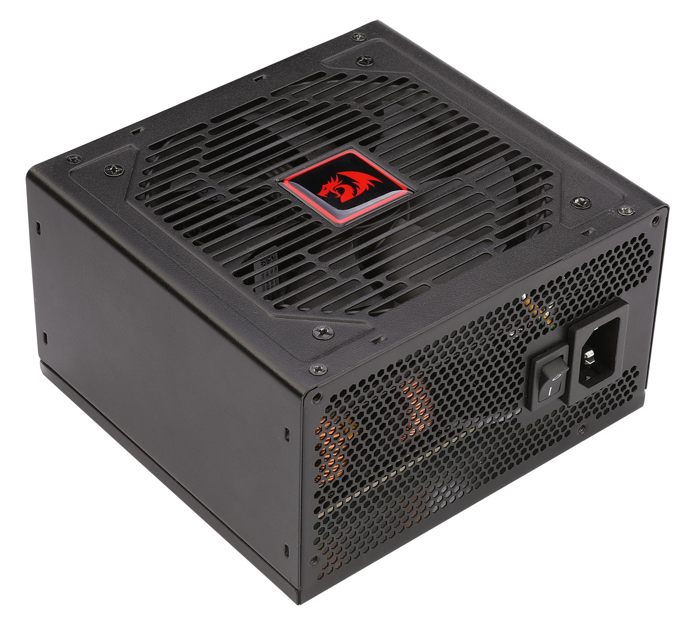 Czarny zasilacz komputerowy. Posiada kratkę wentylatora, włącznik i wtyczkę.