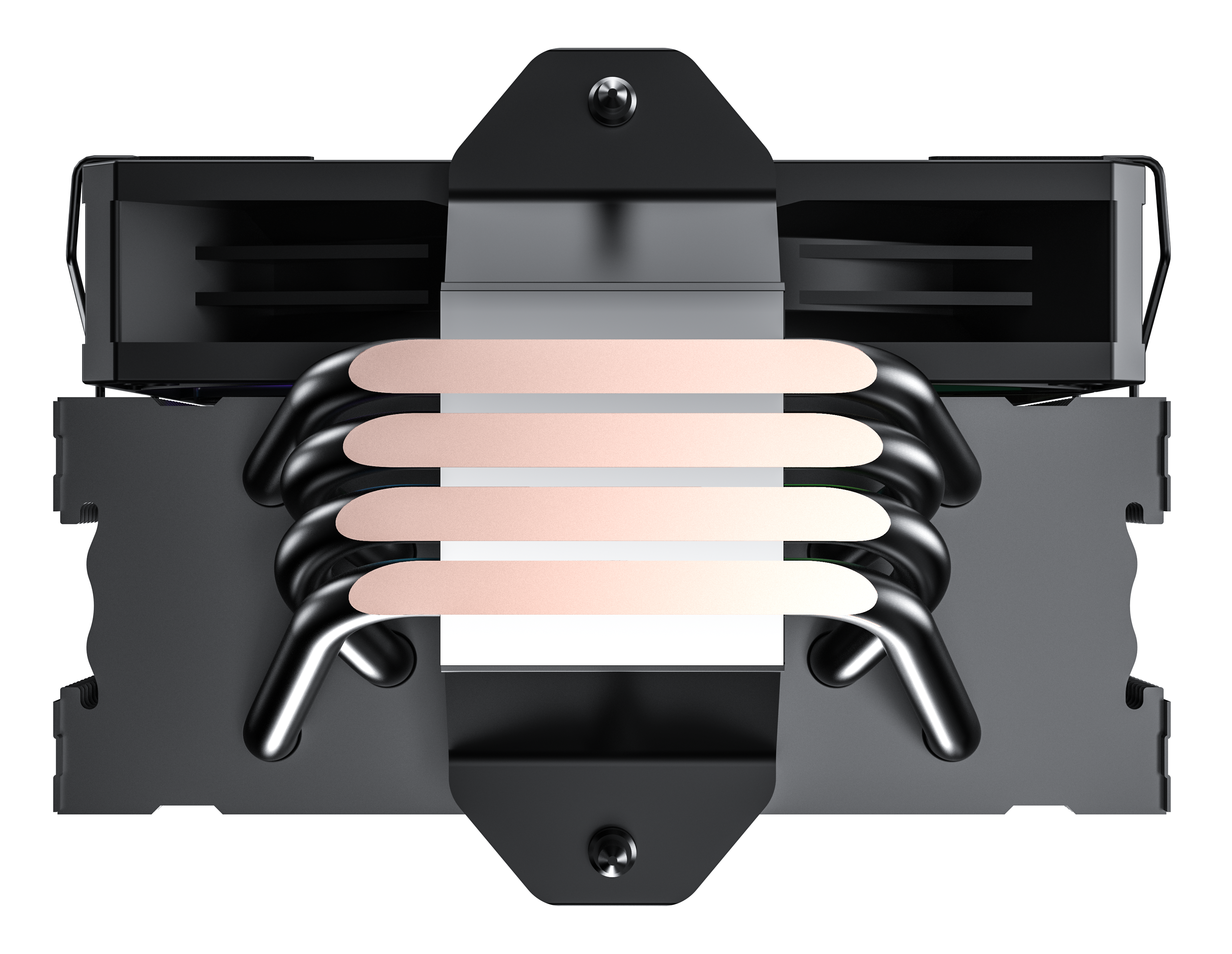 Chłodnica procesora z czarnymi żeberkami i miedzianymi rurkami cieplnymi na czarnym tle.