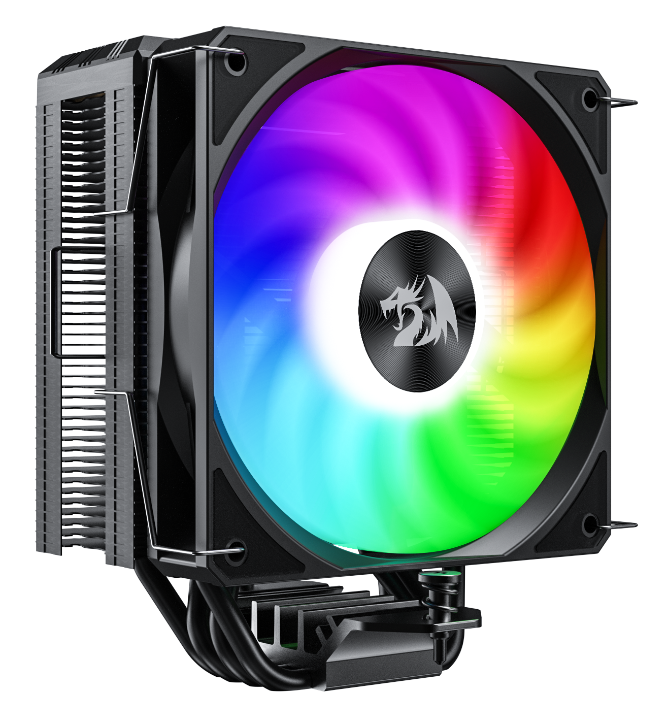 Czarny wentylator komputerowy z kolorowym, wirującym wyświetlaczem świetlnym. Środek pokazuje logo smoka. Widoczne metalowe żeberka i czarna rama.