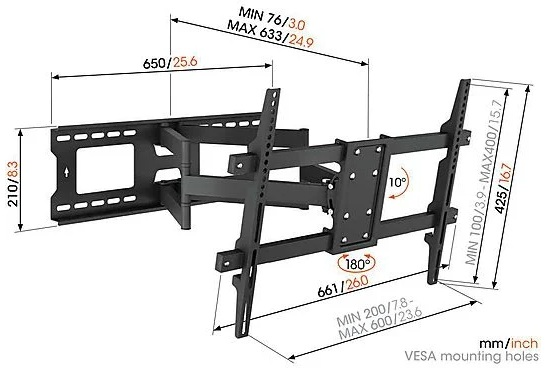 Czarny uchwyt ścienny do TV z wymiarami w mm/calach. Pokazuje wymiary, kąty i otwory montażowe VESA.
