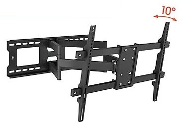 Czarny, przegubowy uchwyt ścienny do telewizora. Posiada wiele przegubów i podpór, umożliwiając pochylenie o 10 stopni.