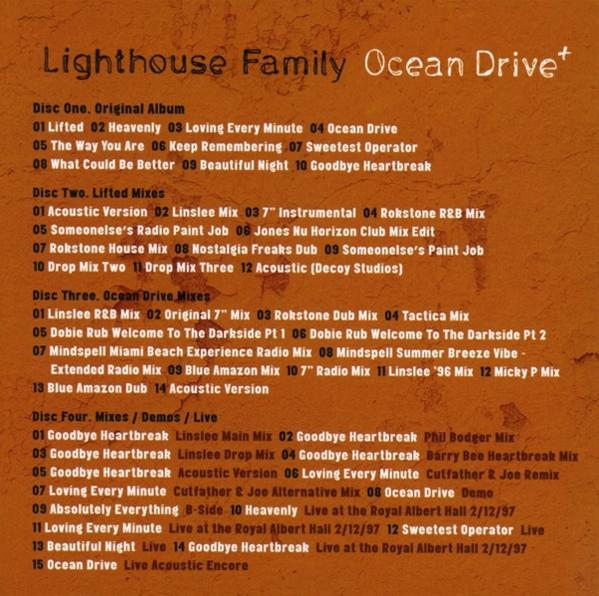 Albumcover mit Text, der Songtitel von Lighthouse Family auflistet. Brauner Hintergrund mit Titeln in Weiß und Orange.