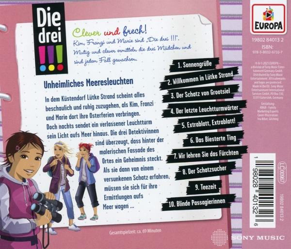 Buchcover. Drei Mädchen mit Fernglas. Text enthält Titel und eine Liste von Kapiteln.