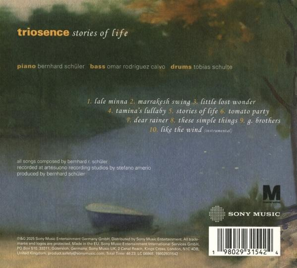 Rückseite der CD mit Albumtitel 'triosence stories of life', Titelliste, Musikernamen und Sony Music Logo.