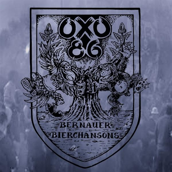 Schildemblem mit Baum und Cartoon-Kreaturen. Text enthält 'OXO 86' und 'BERNAUER BIERCHANSONS'.