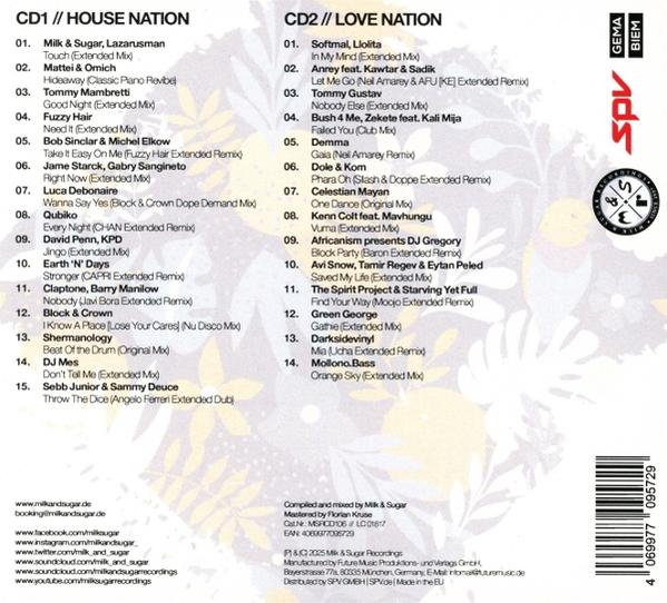 CD-Cover mit Titellisten von Milk & Sugar. Listet Titel und Interpreten für zwei CDs, 'House Nation' und 'Love Nation'.