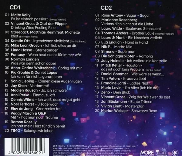 CD-Cover mit Titellisten. CD1 und CD2 listen Songs, Künstlernamen und Albumtitel auf. Unten befinden sich ein Barcode und Text.