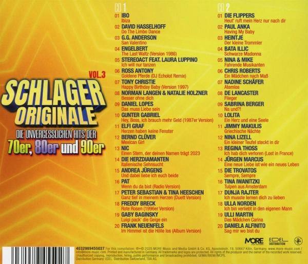 CD-Cover für Schlagermusik, eine Zusammenstellung von Hits aus den 70ern, 80ern und 90ern. Enthält Titellisten und Künstlernamen.