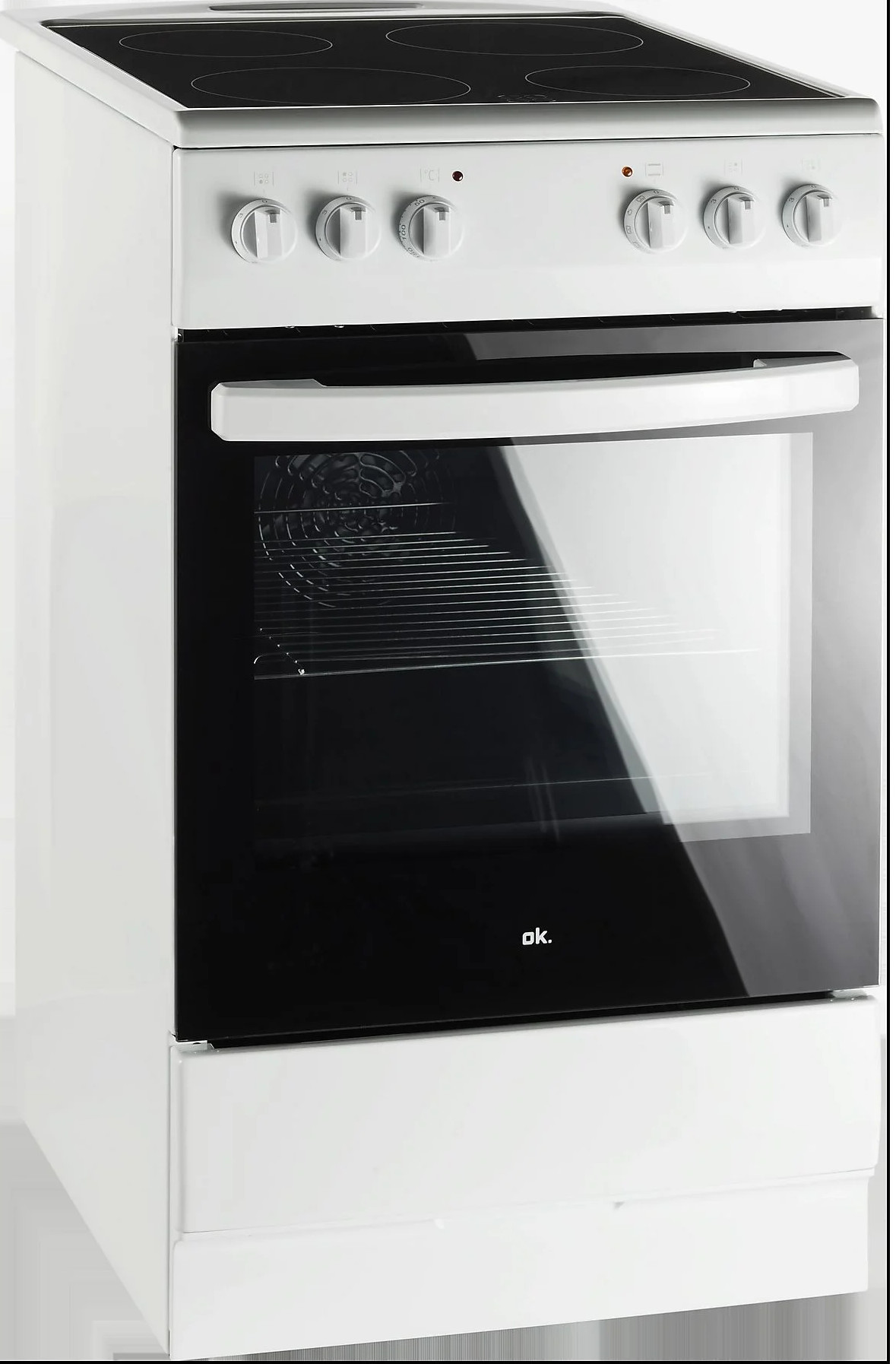 Biały piekarnik elektryczny ok. Ma czarne szklane drzwi, czarną płytę grzejną z czterema palnikami i pokrętłami.