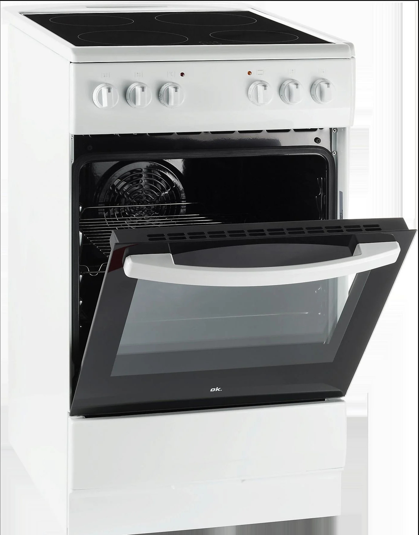 Biały piekarnik z otwartymi drzwiami. Widoczne pokrętła i czarny blat. Wnętrze piekarnika jest ciemne z wentylatorem.