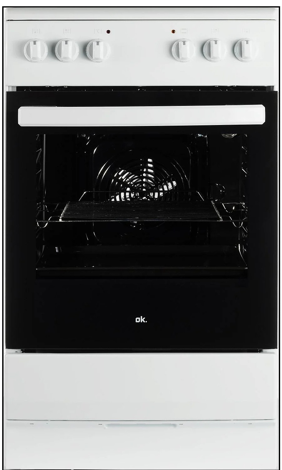 Biały piekarnik z czarnym wnętrzem. Posiada panel sterowania z pokrętłami u góry i szufladę na dole.