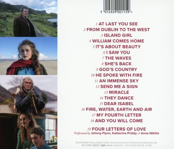 CD-Cover mit Bildern von Schauspielern und Songtiteln. Enthält Bilder von Personen am Meer und eine Liste von Songtiteln in Lila.