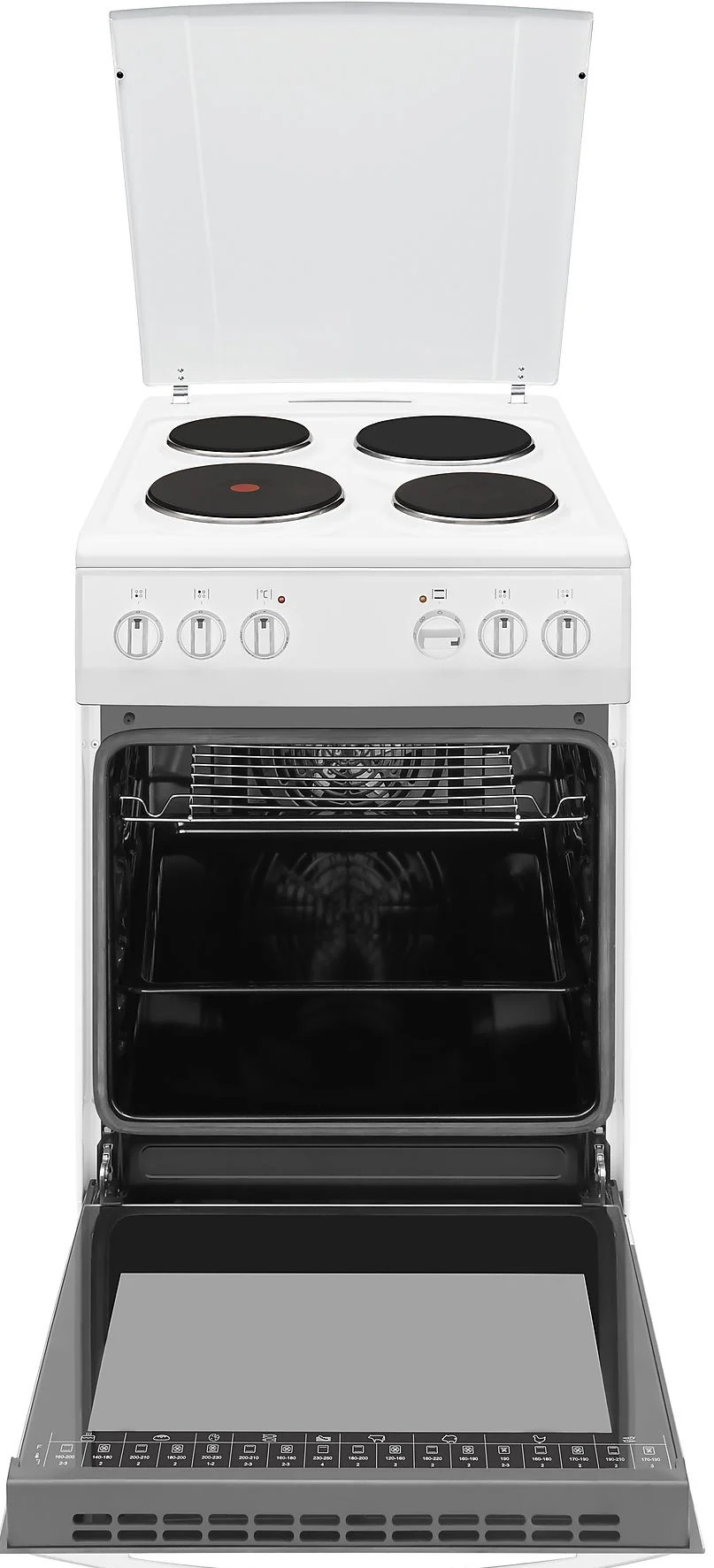 Biała kuchenka elektryczna z otwartymi drzwiami piekarnika. Cztery czarne palniki, elementy sterujące i szklana pokrywa.