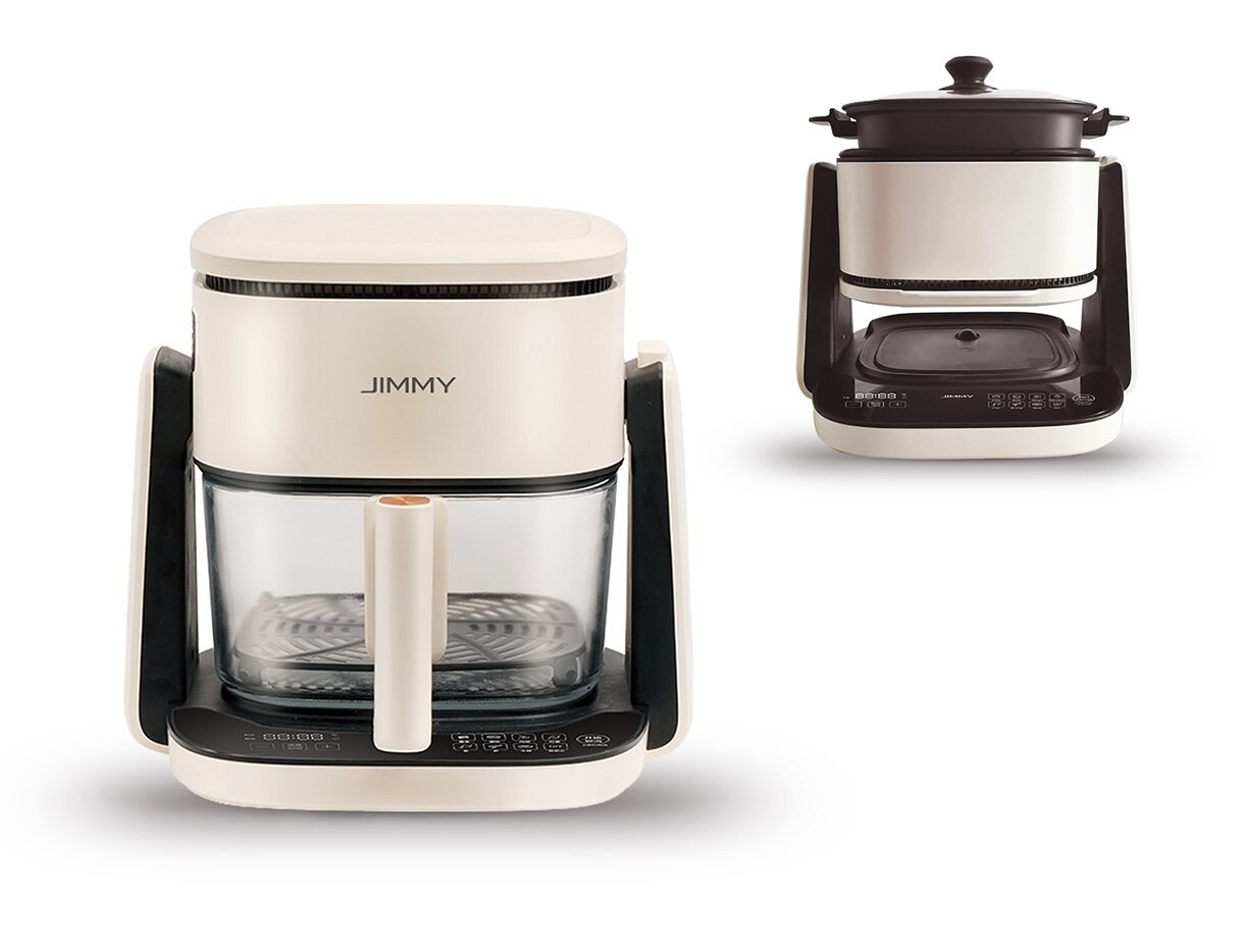 Dwa biało-czarne urządzenia kuchenne. Jeden ma szklany pojemnik, drugi garnek. Oba mają wyświetlacze cyfrowe.