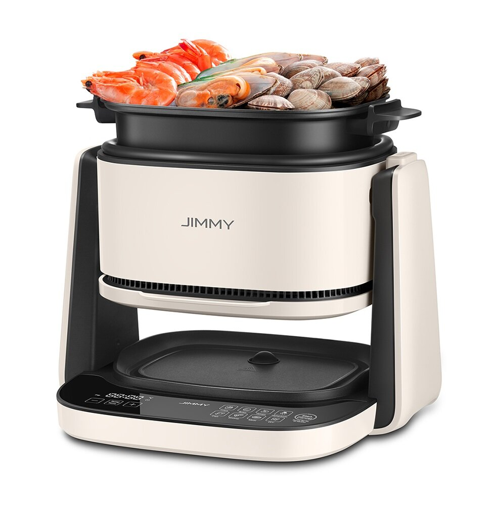 Nowoczesne urządzenie do gotowania owoców morza z krewetkami, małżami i małżami. Ma kremowy korpus z czarnym blatem i podstawą.