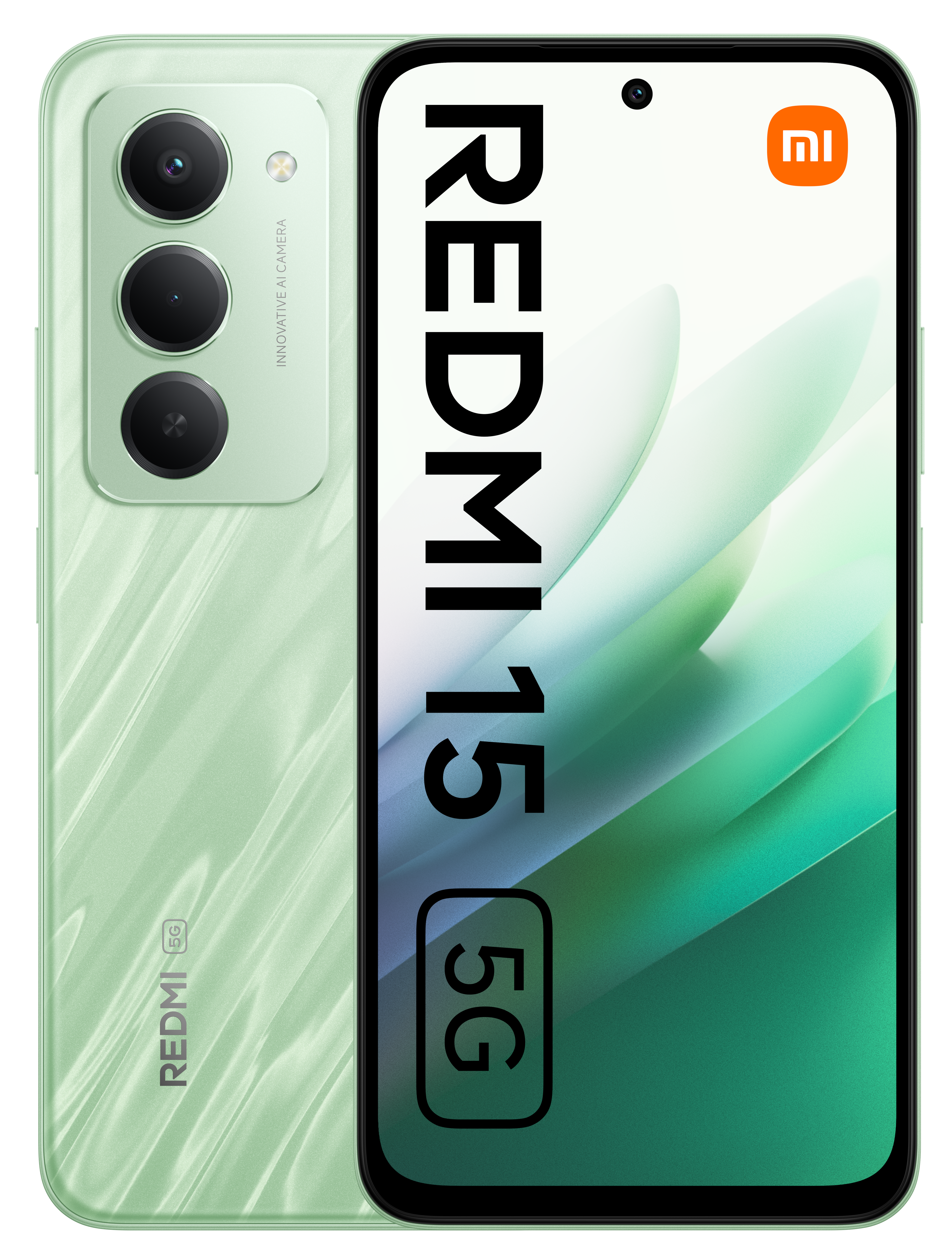 Zielony smartfon Redmi 15 5G. Ekran wyświetla nazwę modelu. Z tyłu znajduje się moduł aparatu.