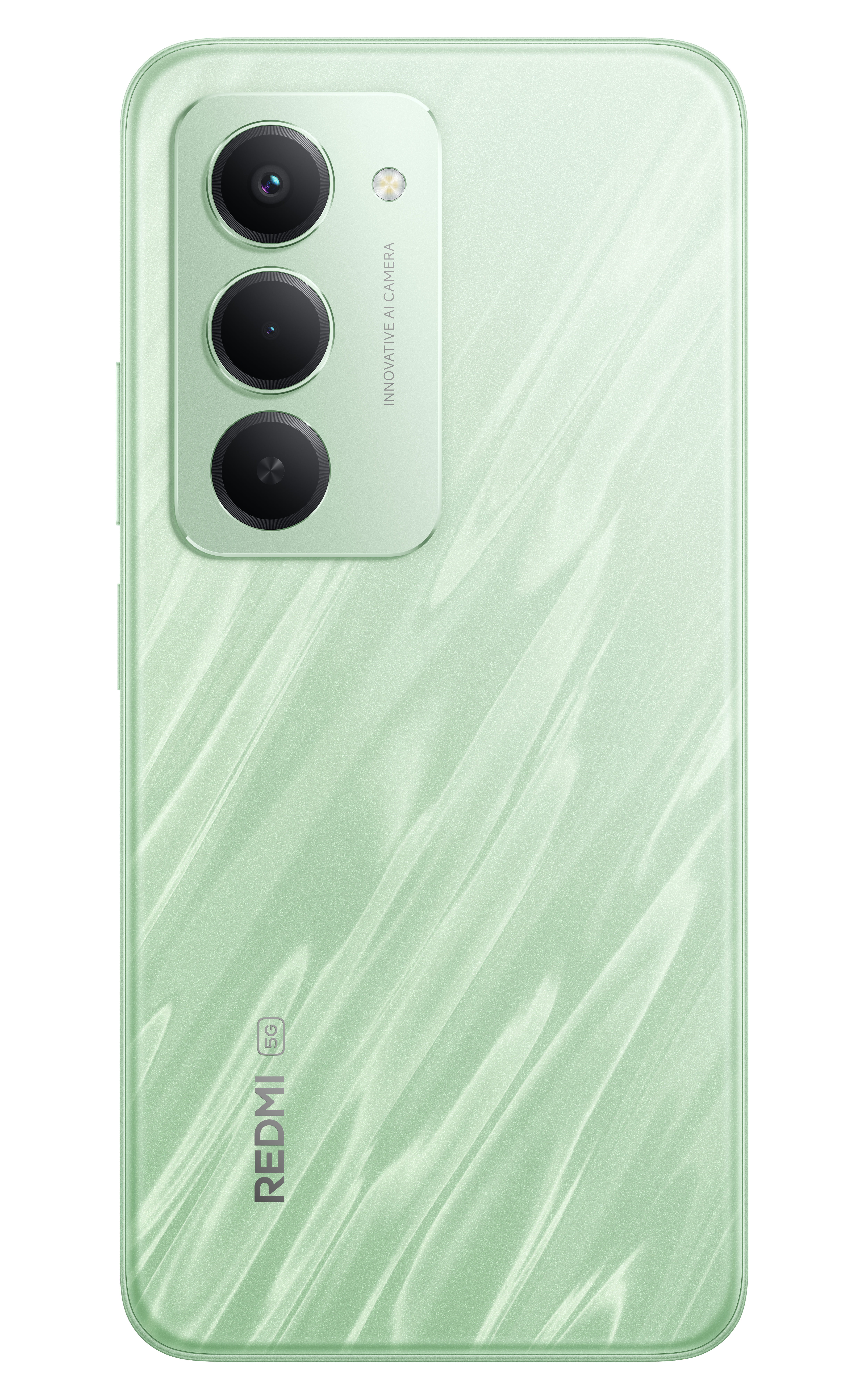 Zielona tylna strona smartfona z trzema aparatami i falistym wzorem. Widoczne logo Redmi i 5G.