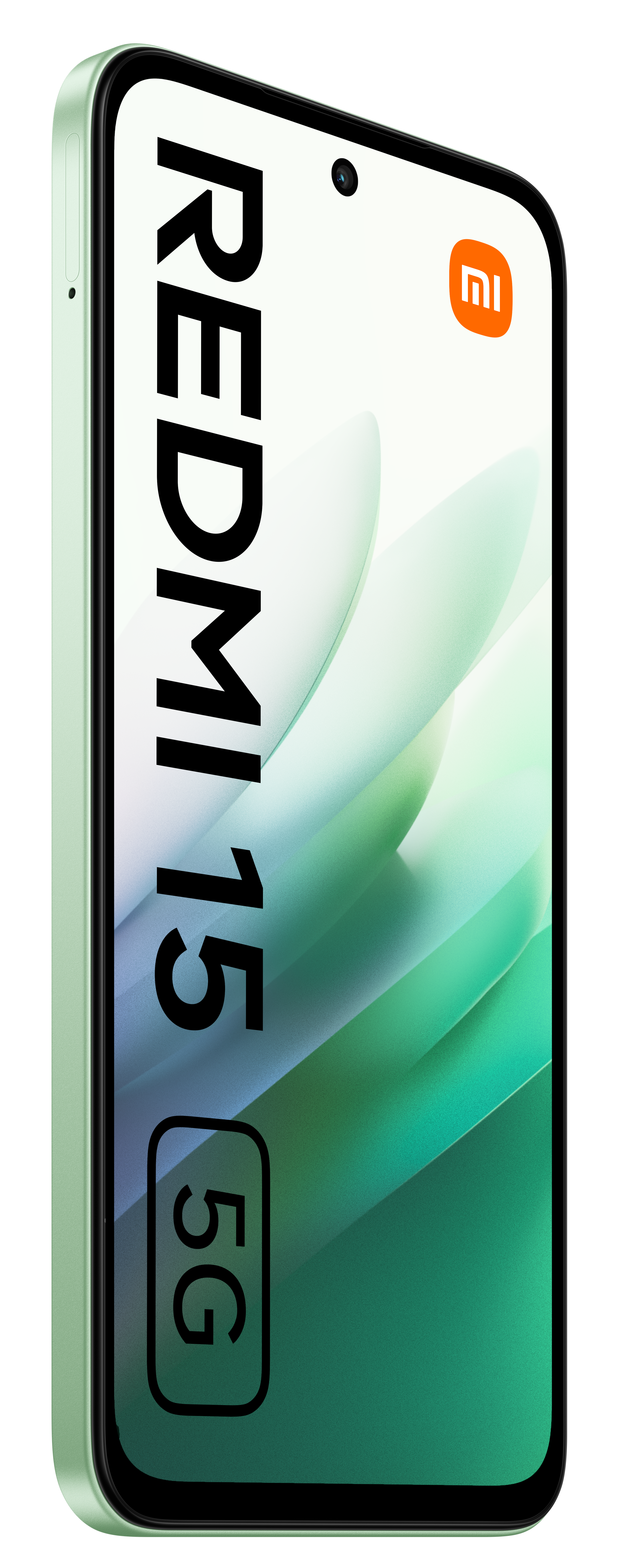 Telefon Redmi 15 5G w kolorze miętowej zieleni jest pokazany pod kątem. Ekran wyświetla logo Redmi i zielony abstrakcyjny wzór.