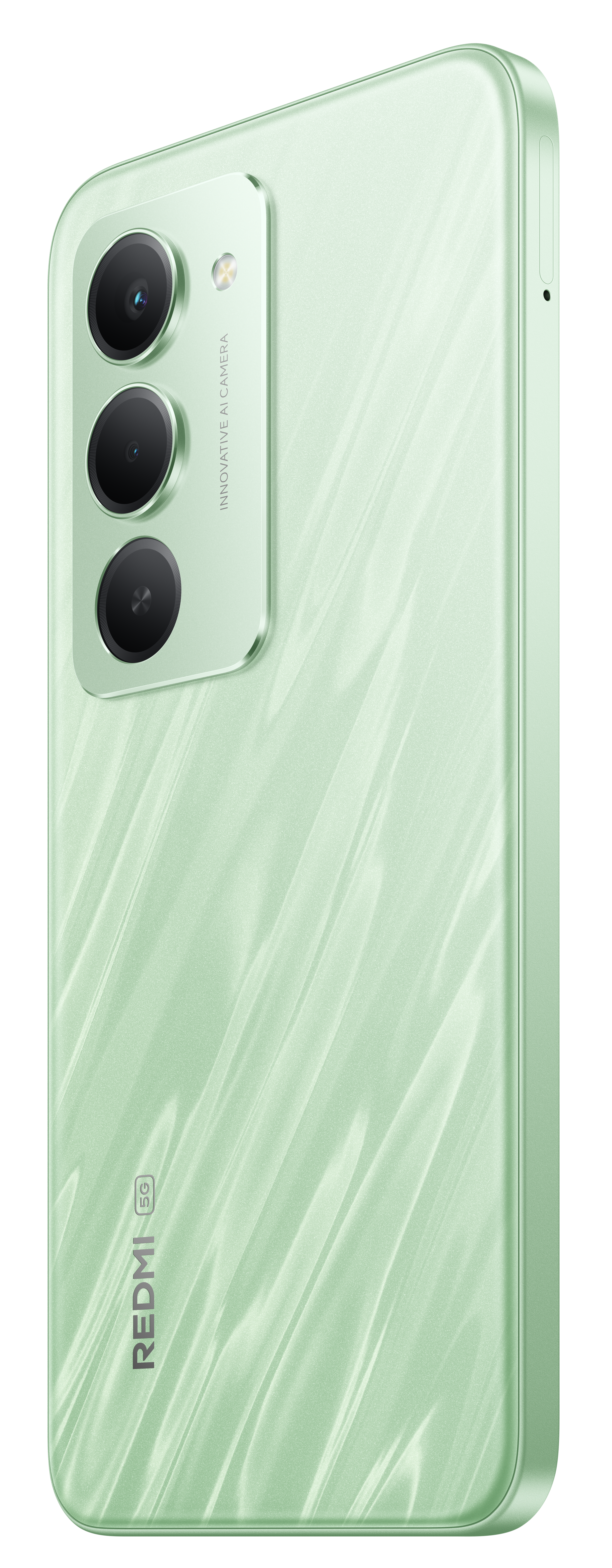 Pokazano tył miętowego smartfona. Ma trzy aparaty, lampę błyskową i logo Redmi 5G. Telefon ma błyszczące wykończenie.
