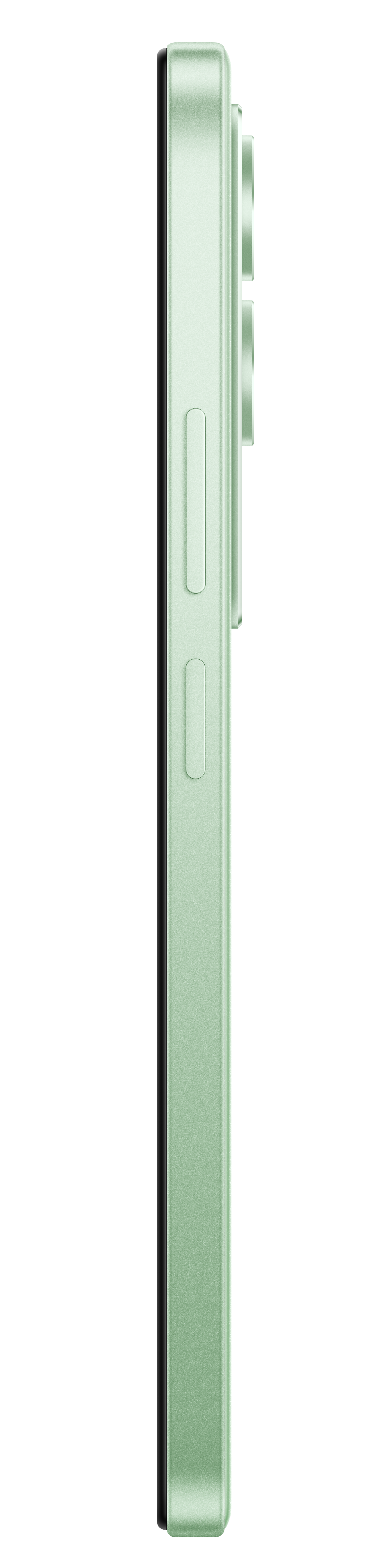 Widok z boku jasnozielonego smartfona. Widoczne przyciski głośności i zasilania oraz moduł aparatu. Czarne tło.