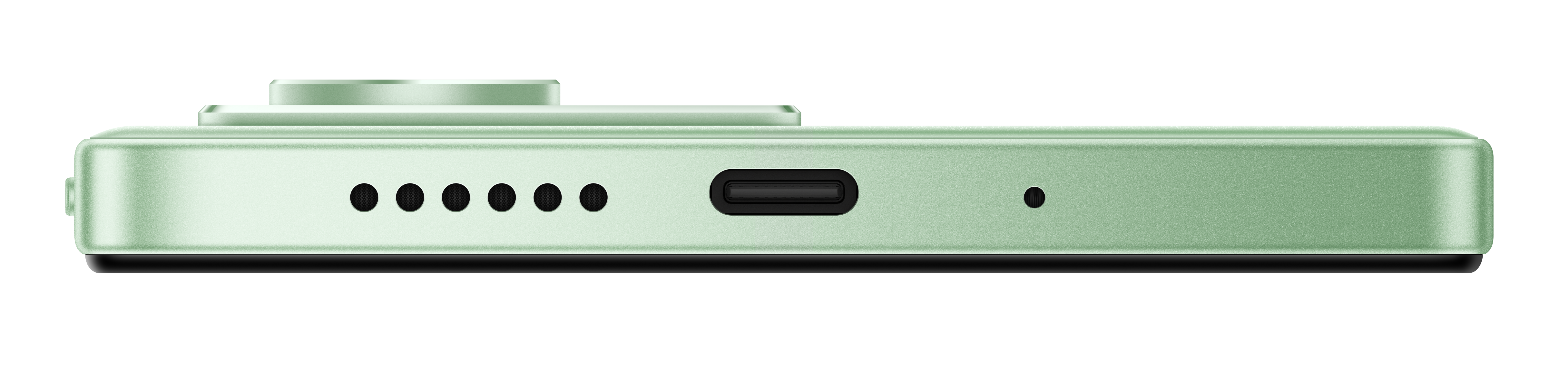 Widok z boku jasnoniebieskiego telefonu z wypukłością aparatu, kilkoma otworami, portem USB-C i czarną podstawą. Czarne tło.