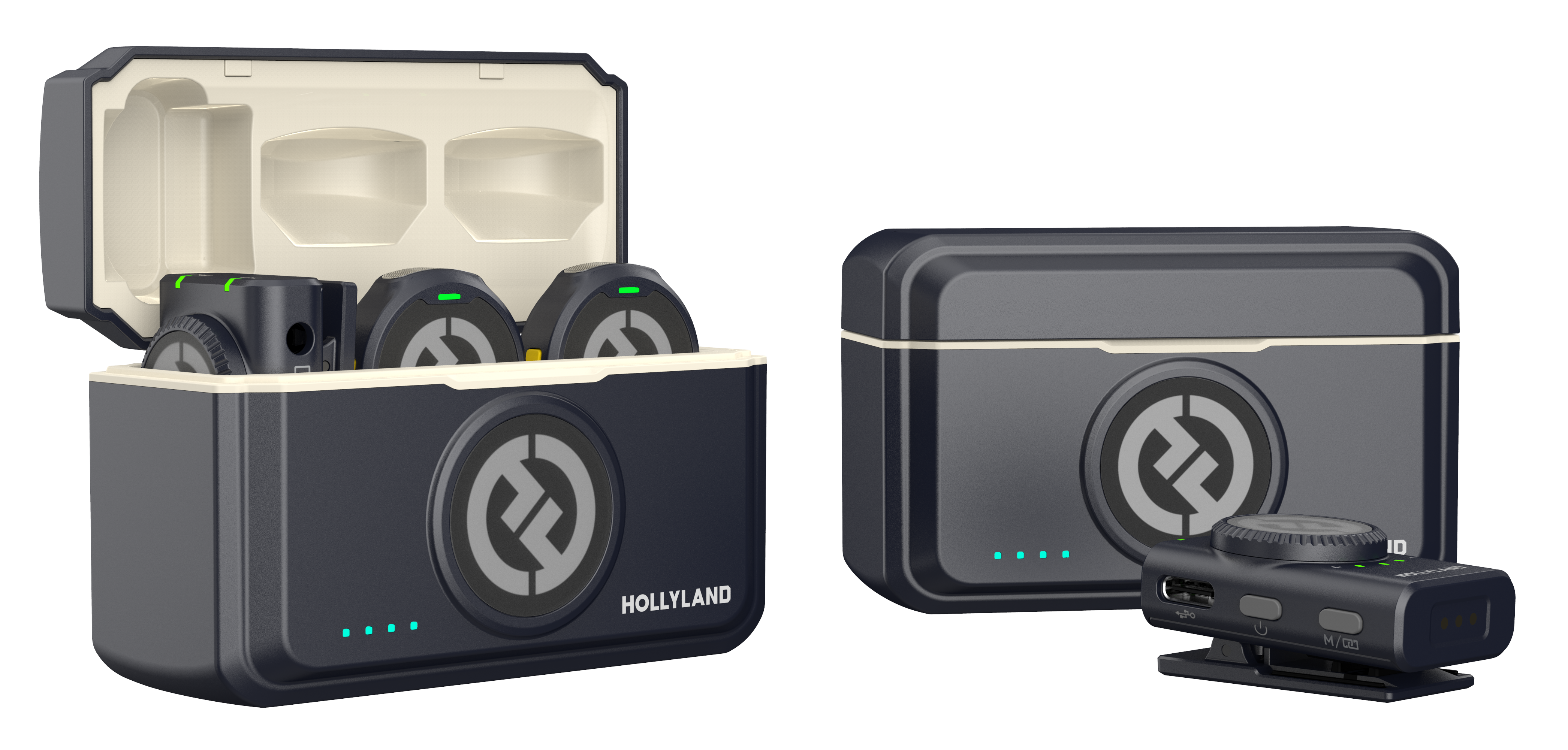 Bezprzewodowy system audio z etui ładującym i dwoma nadajnikami. Obudowa i nadajniki są ciemnoszare z zielonymi światłami.