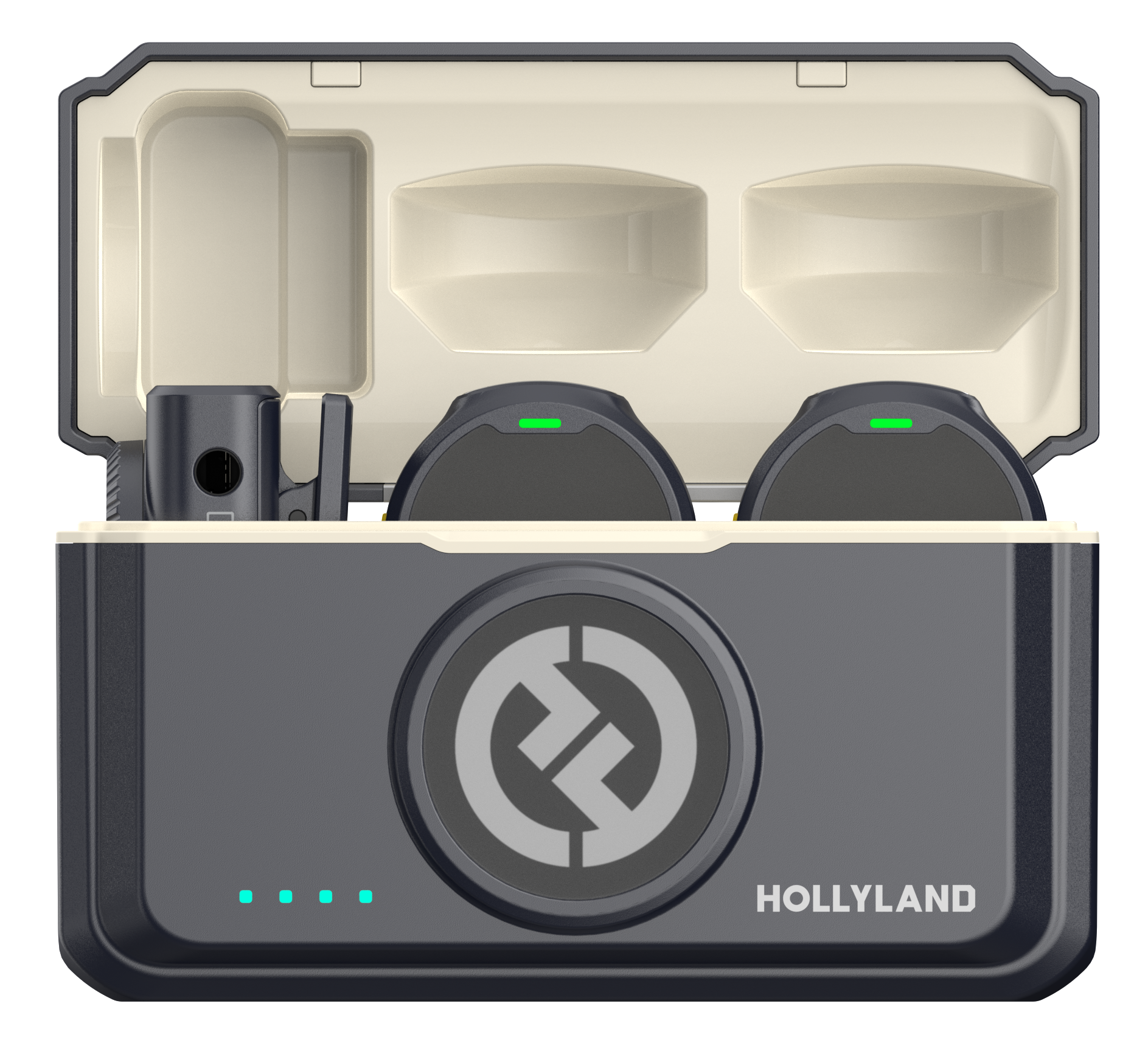 Ciemnoszara walizka ładująca Hollyland z dwoma mikrofonami bezprzewodowymi w środku. Walizka jest otwarta, widać zielone kontrolki.