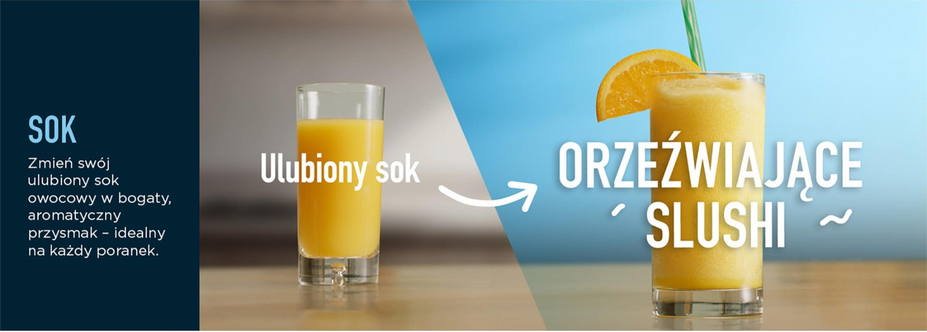 Obraz przedstawia szklankę soku i slushy. Tekst w języku polskim opisuje sok i slushy z plasterkiem pomarańczy i słomką.