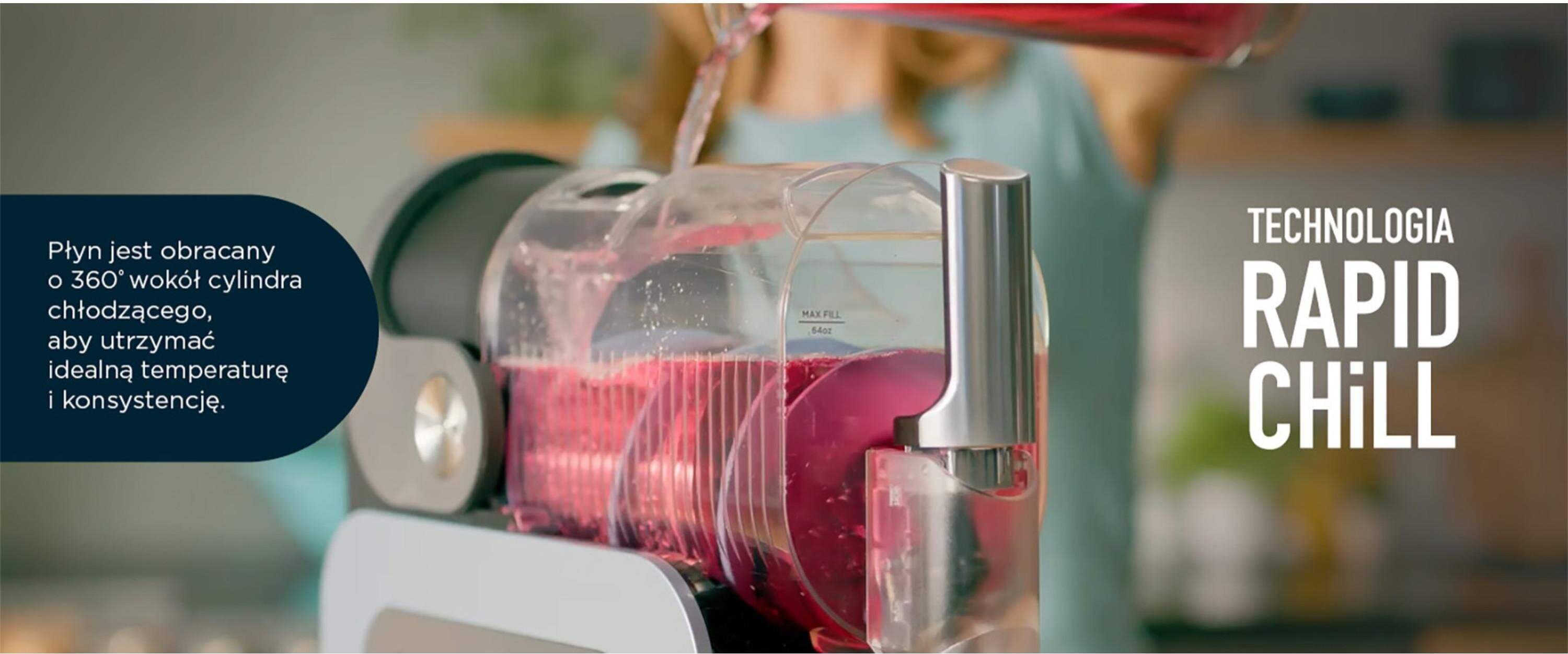 Przezroczysty pojemnik z różowym płynem jest wlewany. Tekst mówi „Rapid Chill” i opisuje proces chłodzenia.
